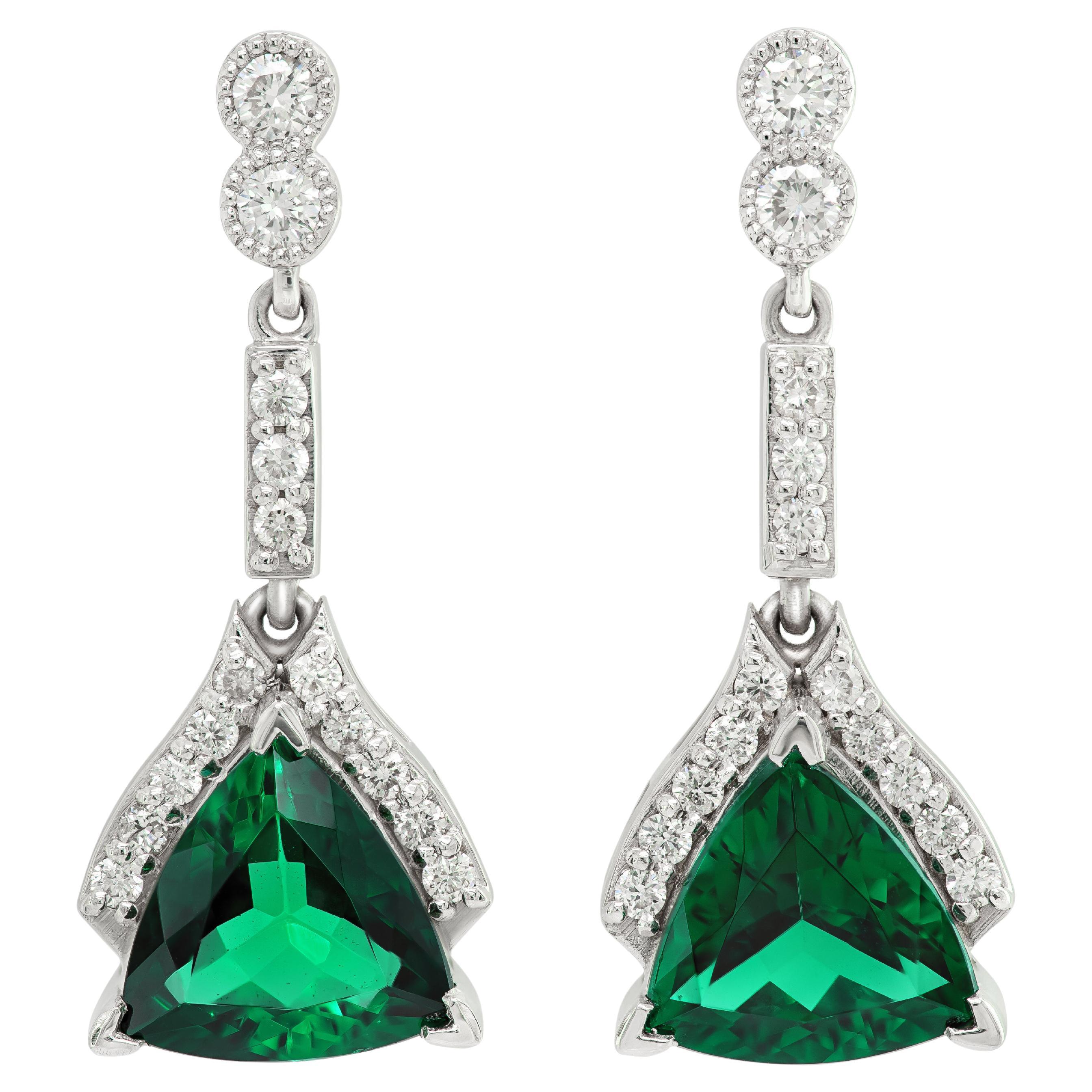  Natural Blue-Green Tourmaline 2.89 Carats in White Gold Earrings with Diamonds For Sale