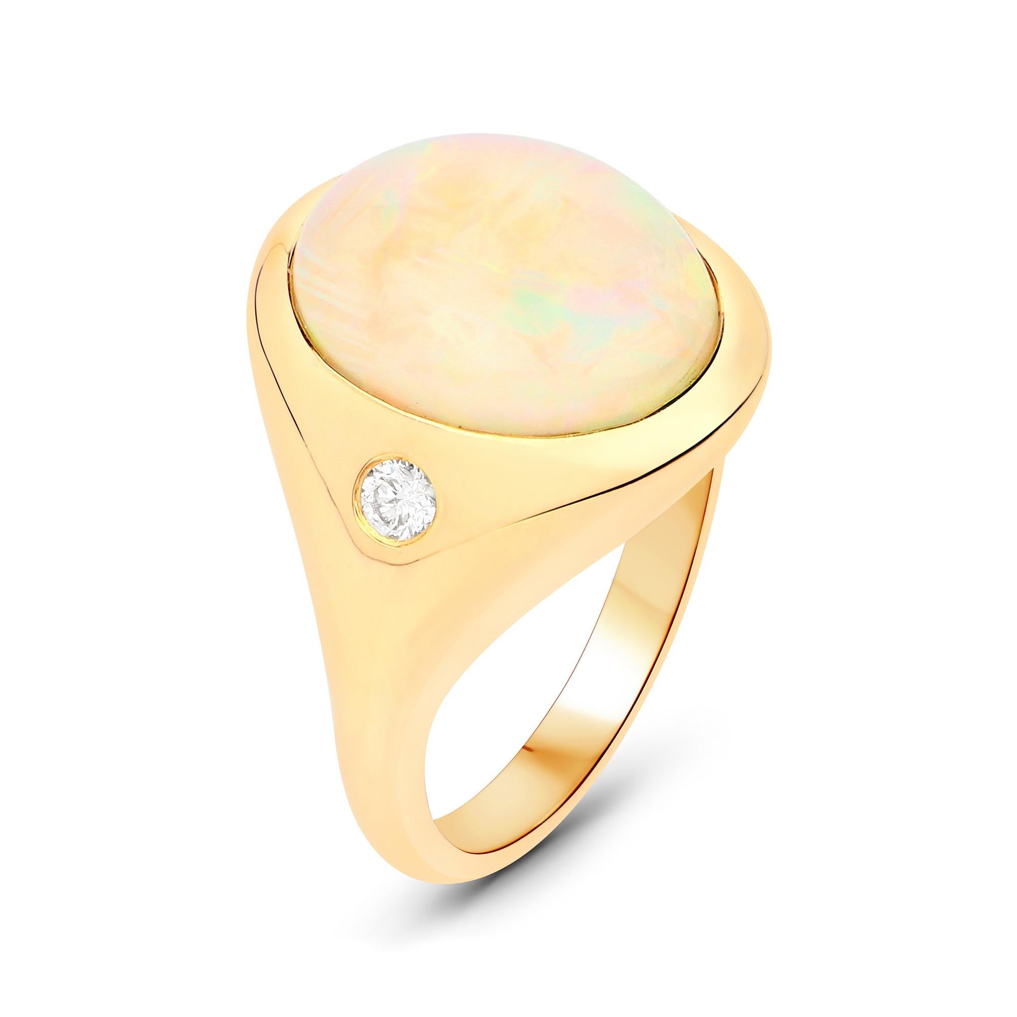 Oval Cut 2.89 Carat Ethiopian Opal and Diamond 14 Karat Yellow Gold Ring For Sale