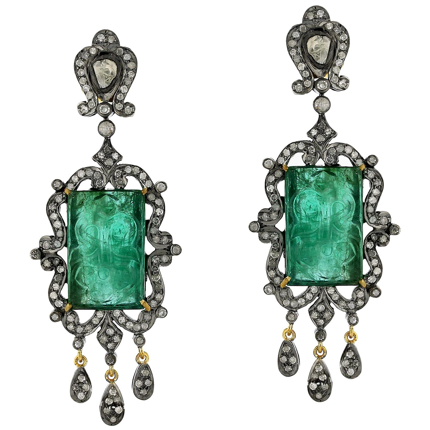 28.9 Carat Hand Carved Emerald Diamond Antique Style Earrings