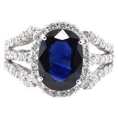 2.89 Carat Natural Midnight Blue Sapphire and Diamond Ring Set in Platinum