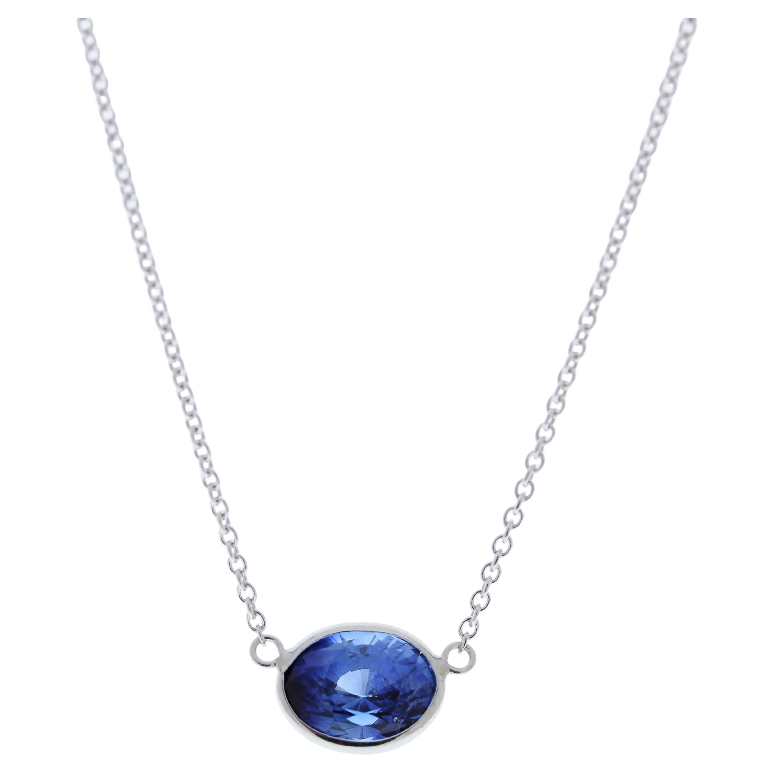 2.89 Carat Oval Sapphire Blue Fashion Necklaces In 14k White Gold For Sale