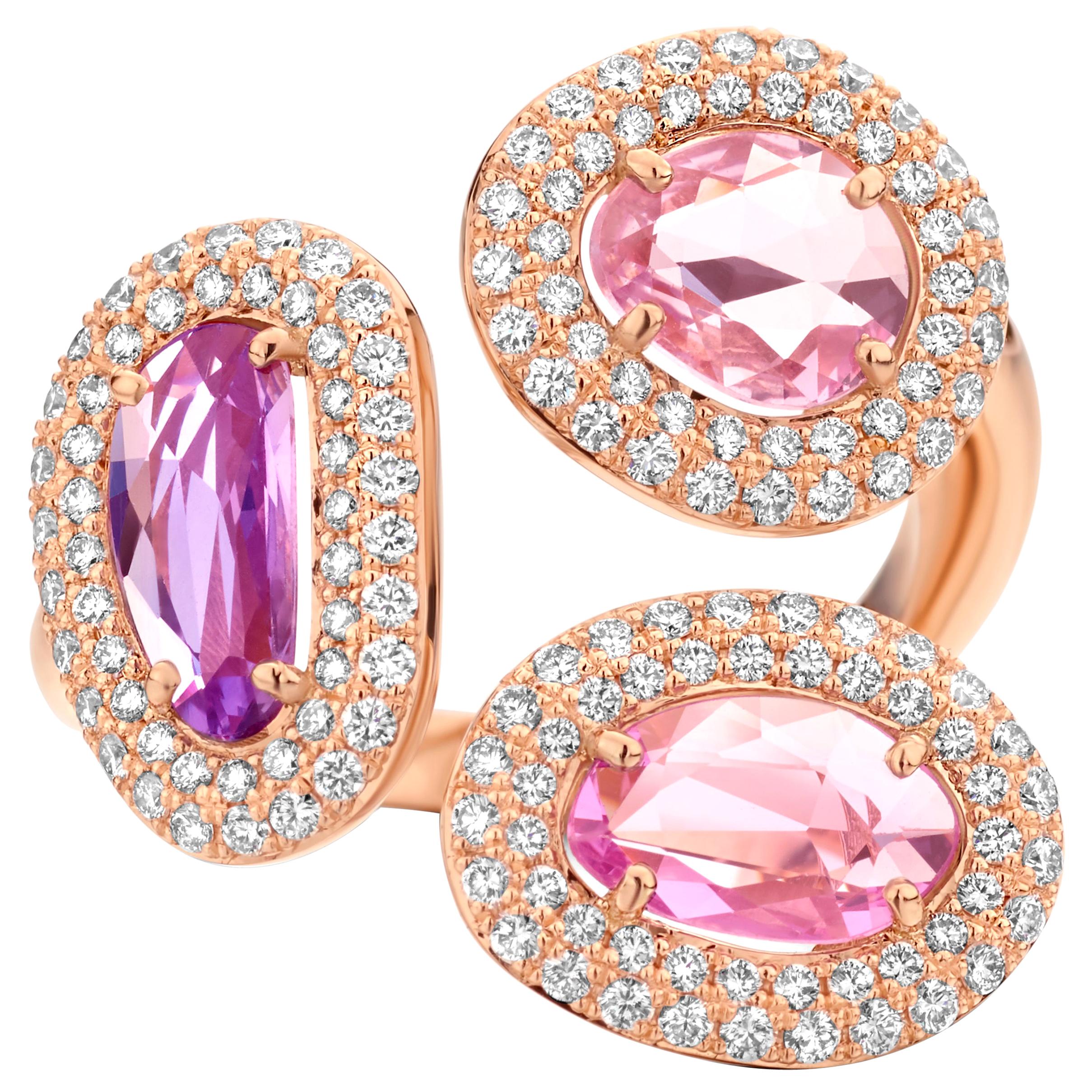 2.89 Carat Purple and Pink Sapphire 18 Karat Three-Stone Diamond Cocktail Ring