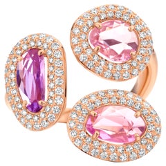 2.89 Carat Purple and Pink Sapphire 18 Karat Three-Stone Diamond Coctail Ring