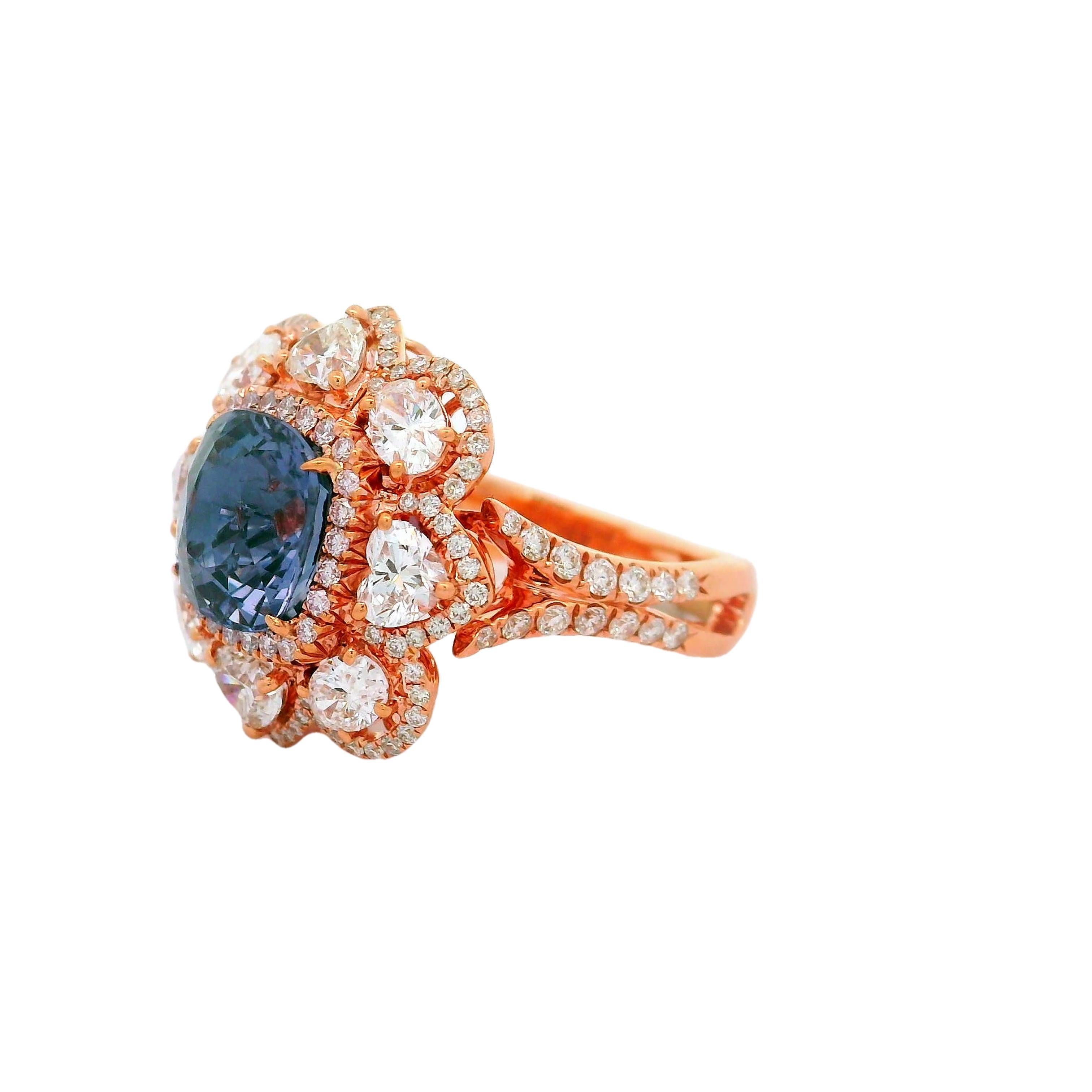 2,89 Karat lila Spinell Diamant 18k Roségold Herz-Flower-Ring (Zeitgenössisch) im Angebot