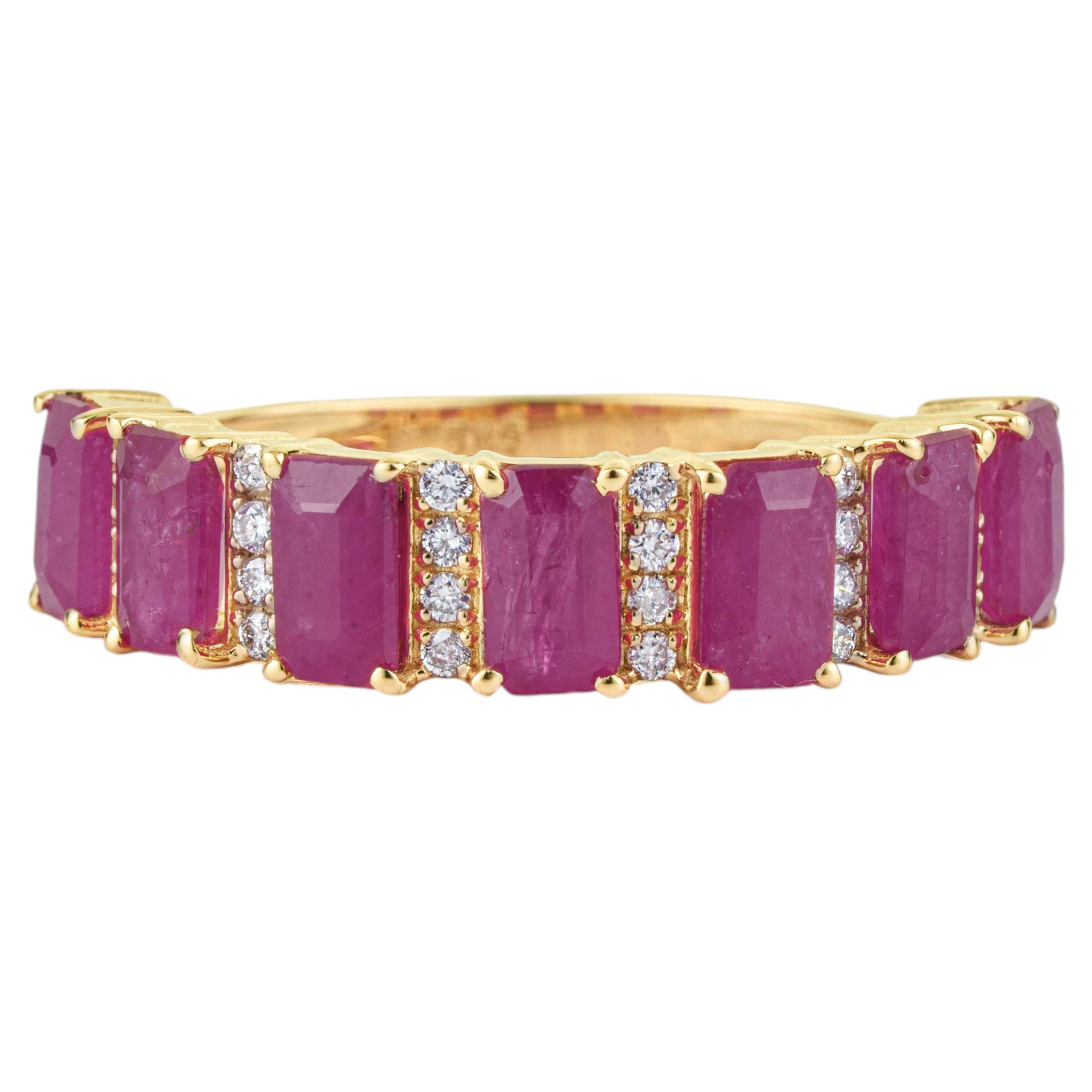 2.89 Carat Ruby & Diamond Half- Eternity Band Ring in 14K Yellow Gold