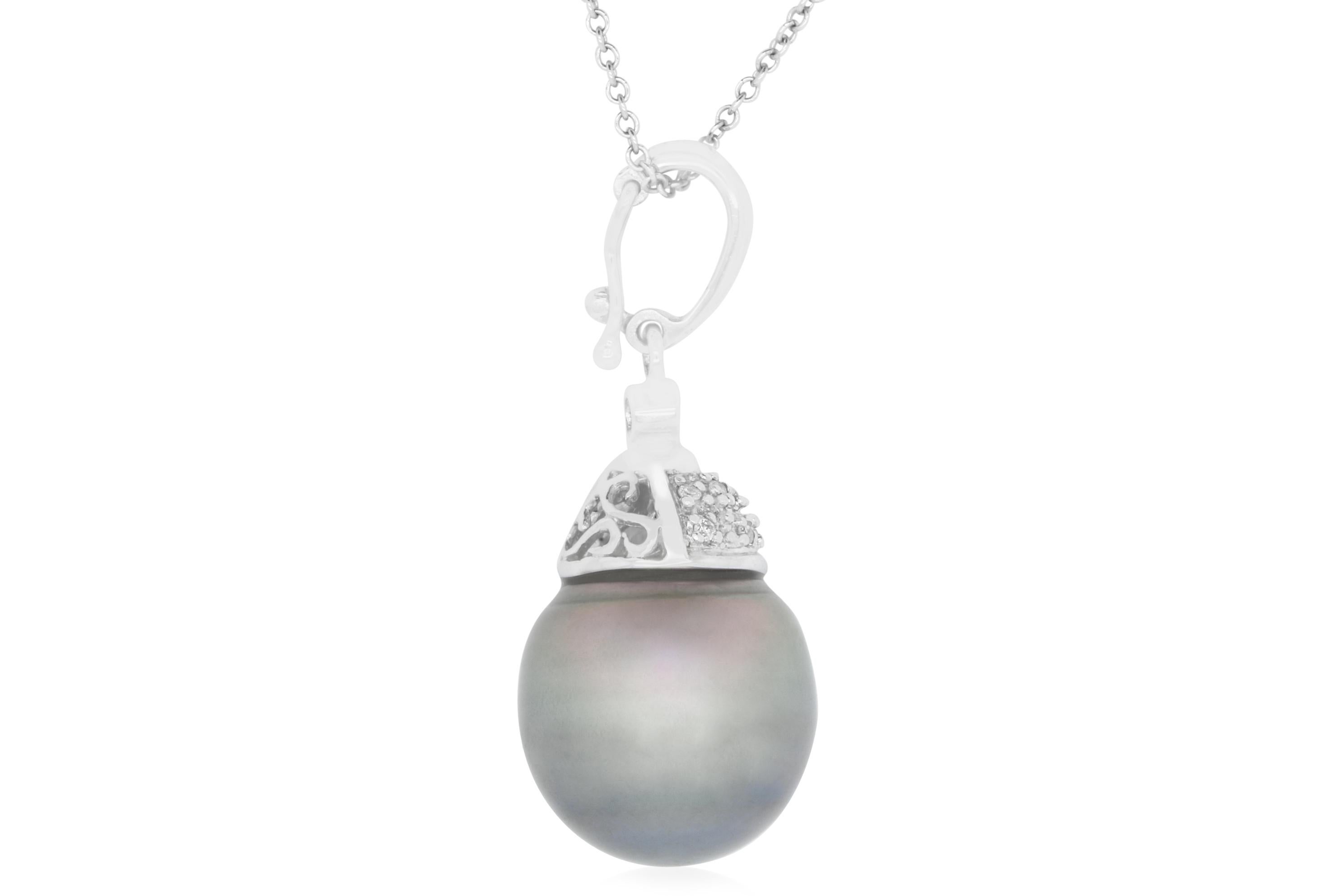 Material: 14K White Gold
Center Stone Details: 2.89 Carat Tahitian South Sea Pearl
Mounting Stone Details: 11 Brilliant Round White Diamonds 0.08 carat 
Chain: 18 inches

Fine one-of-a-kind craftsmanship meets incredible quality in this breathtaking