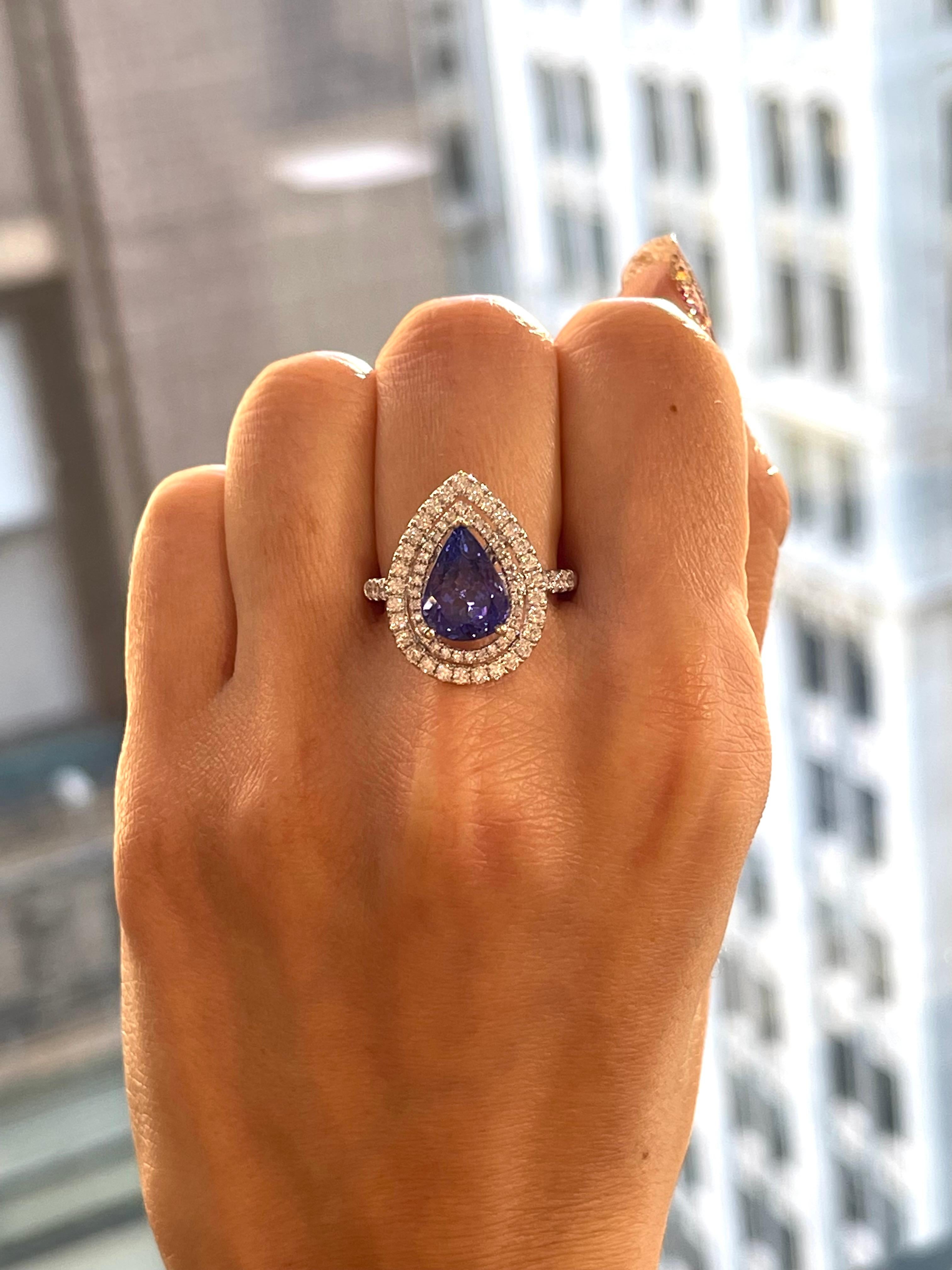 Contemporary 2.89 Carat Tanzanite Pear and Diamond Ring in 18K White Gold For Sale