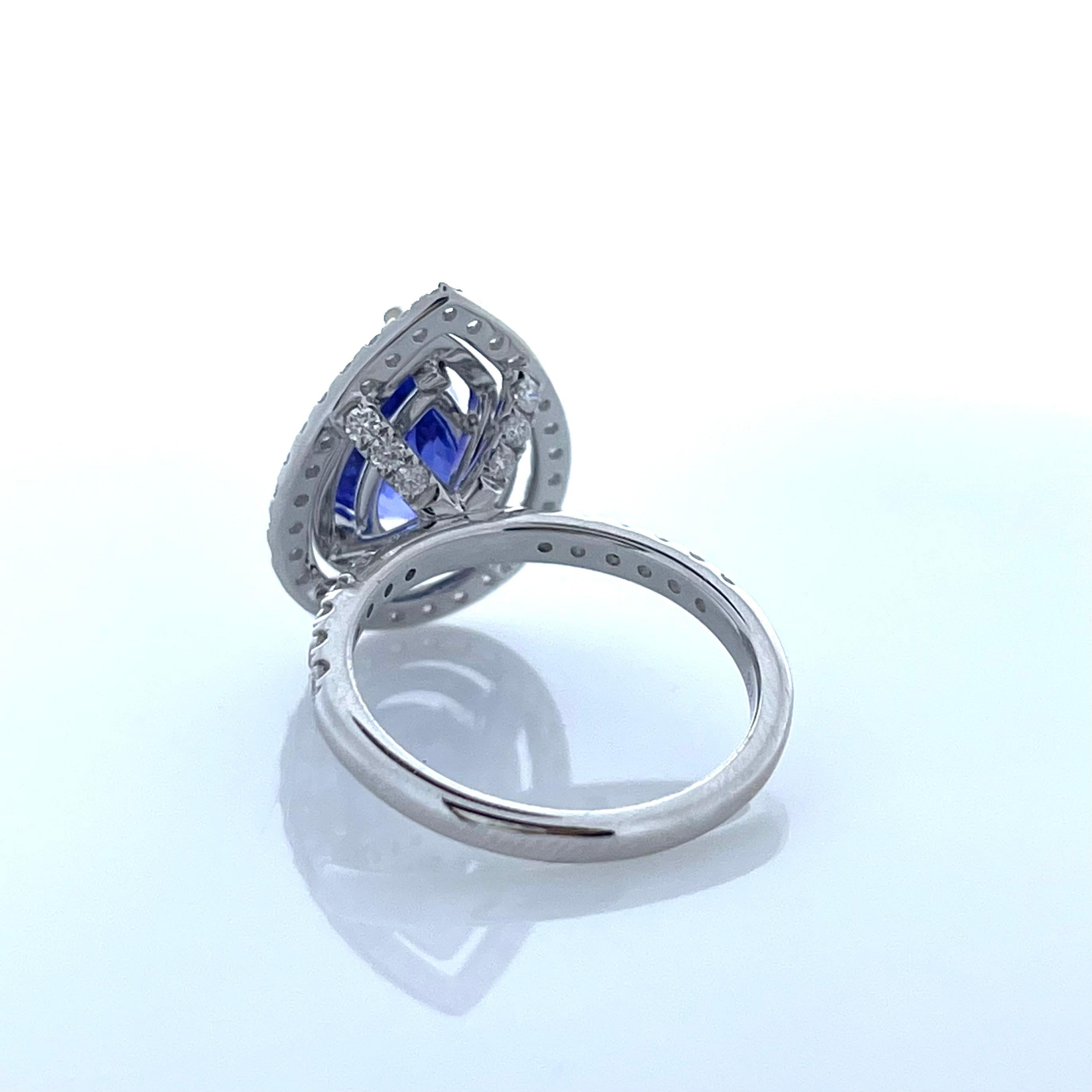 Pear Cut 2.89 Carat Tanzanite Pear and Diamond Ring in 18K White Gold For Sale