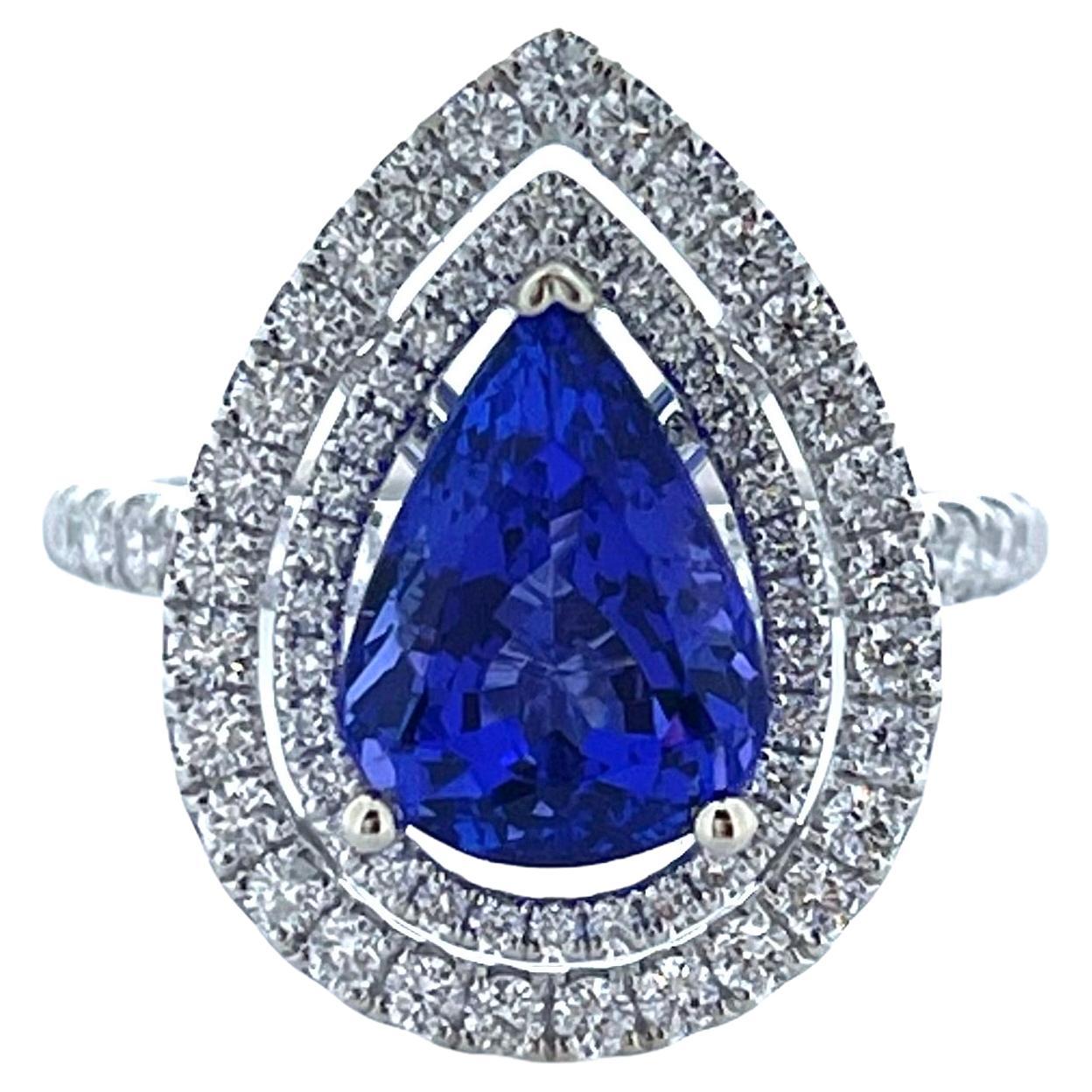 2.89 Carat Tanzanite Pear and Diamond Ring in 18K White Gold For Sale