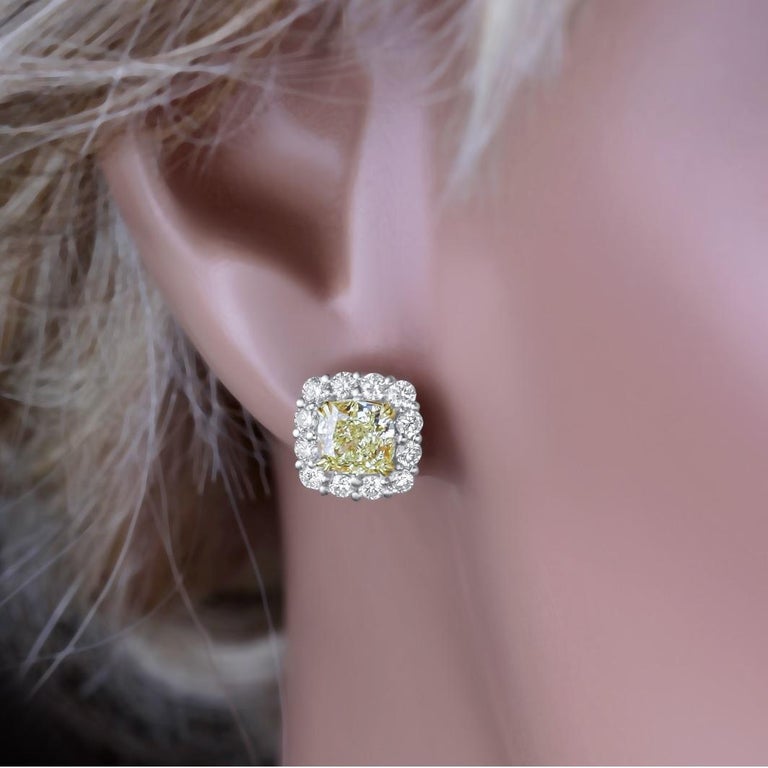 Cushion Cut 2.89 Carat Total Weight Yellow Cushion and White Dia Halo Earrings in 18k Gold For Sale
