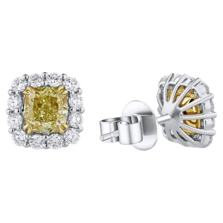 2.89 Carat Total Weight Yellow Cushion and White Dia Halo Earrings in 18k Gold For Sale