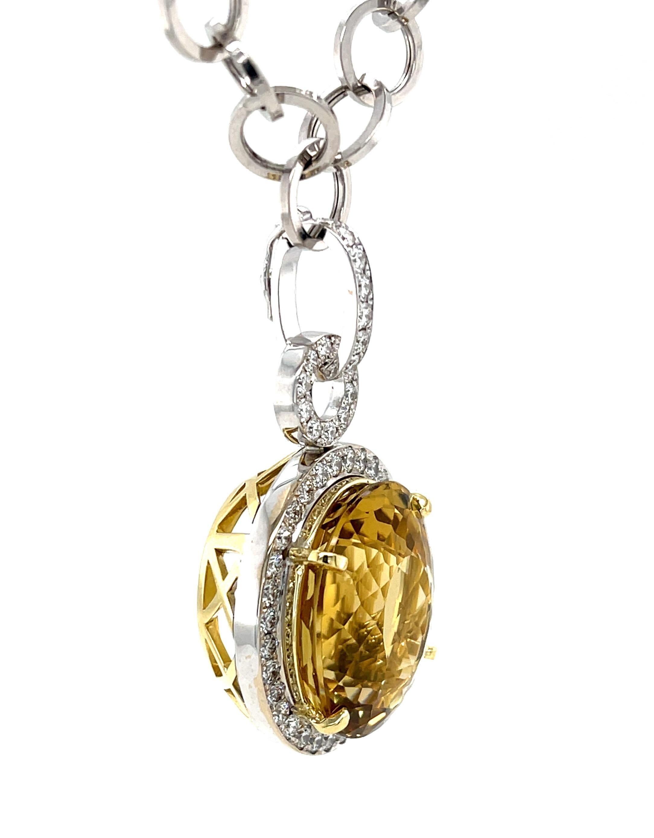 Artisan 28.90 Carat Golden Beryl and Diamond Enhancer Pendant in White and Yellow Gold For Sale