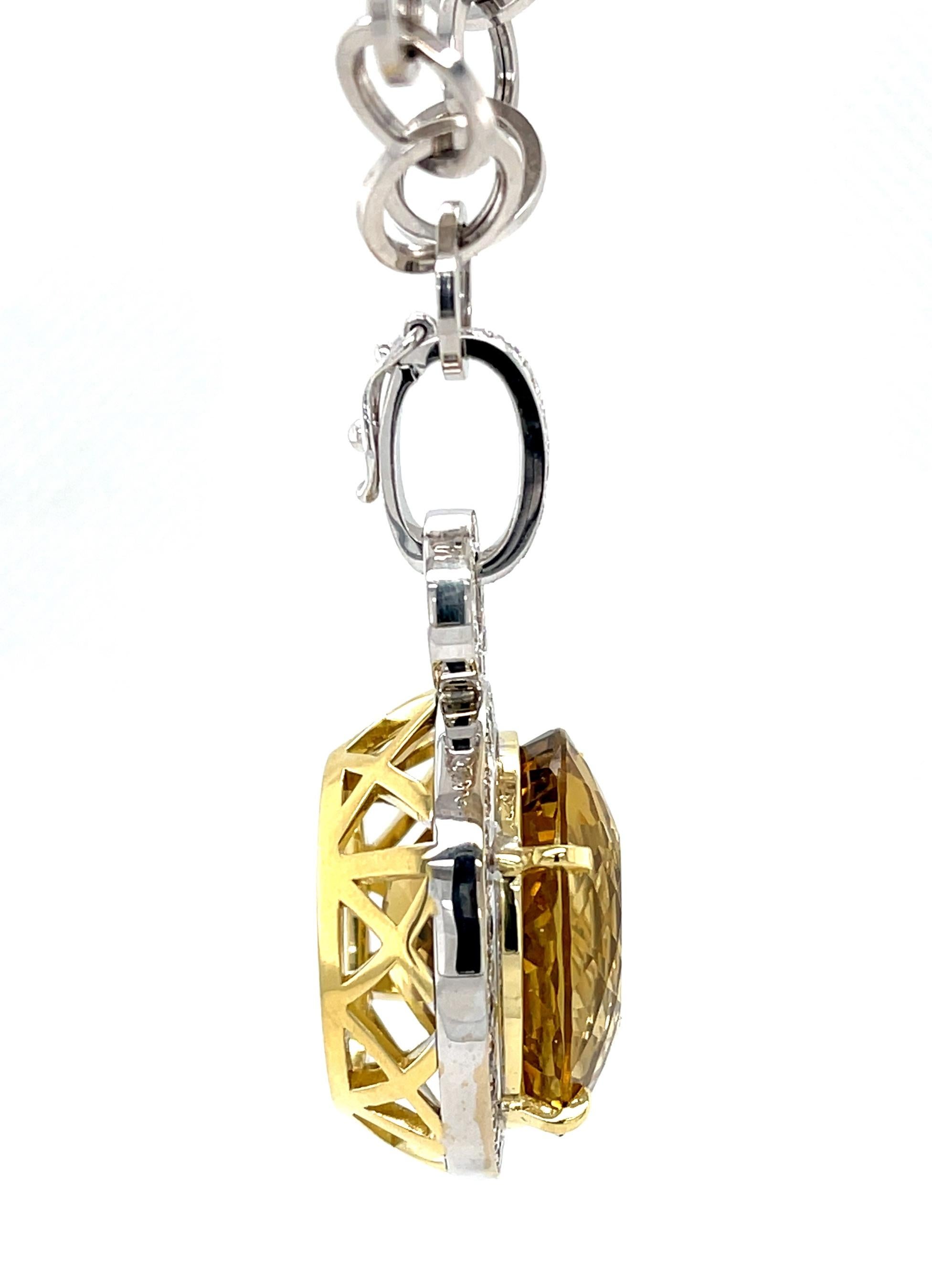 Cushion Cut 28.90 Carat Golden Beryl and Diamond Enhancer Pendant in White and Yellow Gold For Sale