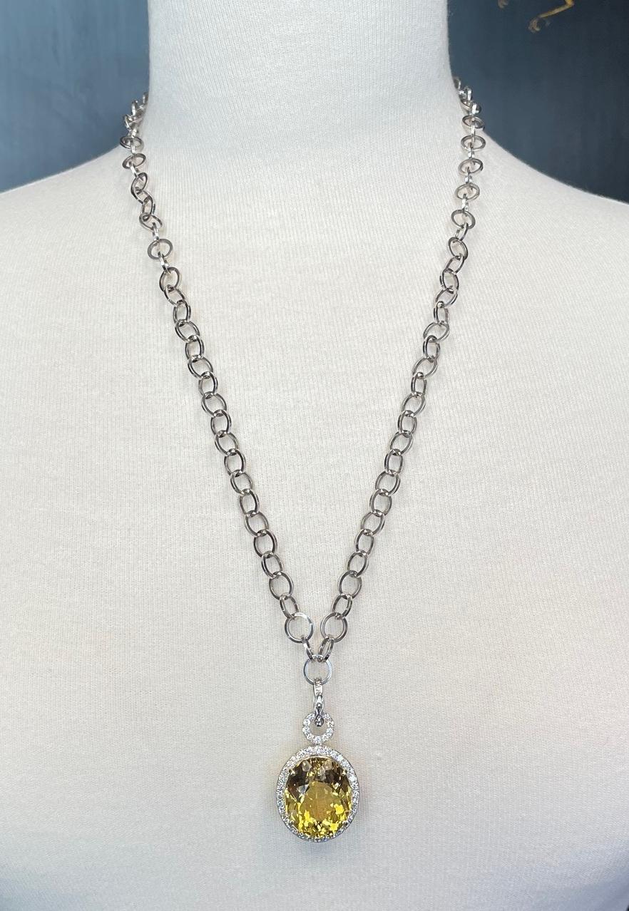 28.90 Carat Golden Beryl and Diamond Enhancer Pendant in White and Yellow Gold For Sale 2