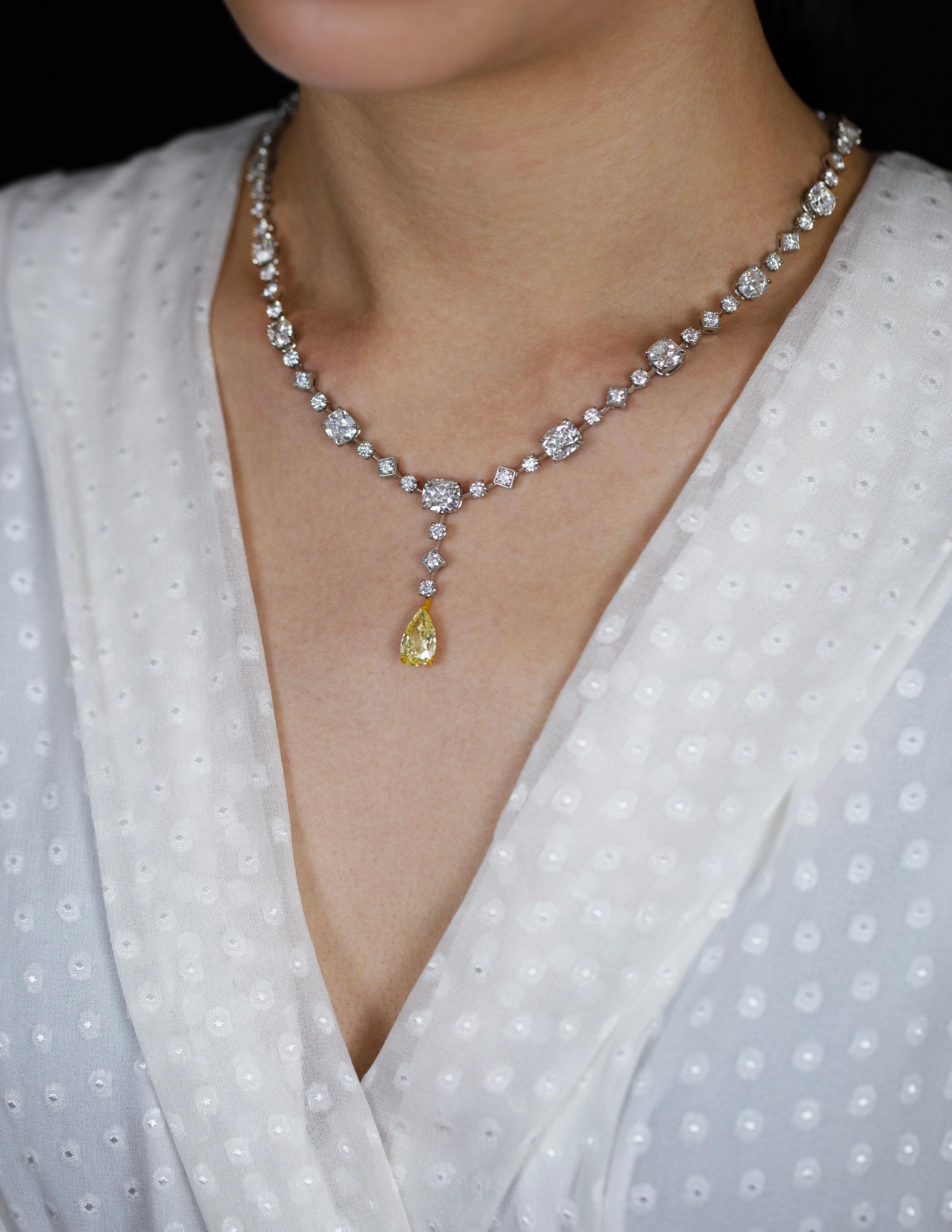 Contemporary 28.91 Carat Total Pear Shape Yellow Drop Diamond by the Yard Necklace For Sale