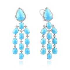 28.92 Cabochon Pear/Oval Turquoise & Diamond Rounds 14 Karat White Gold Earrings