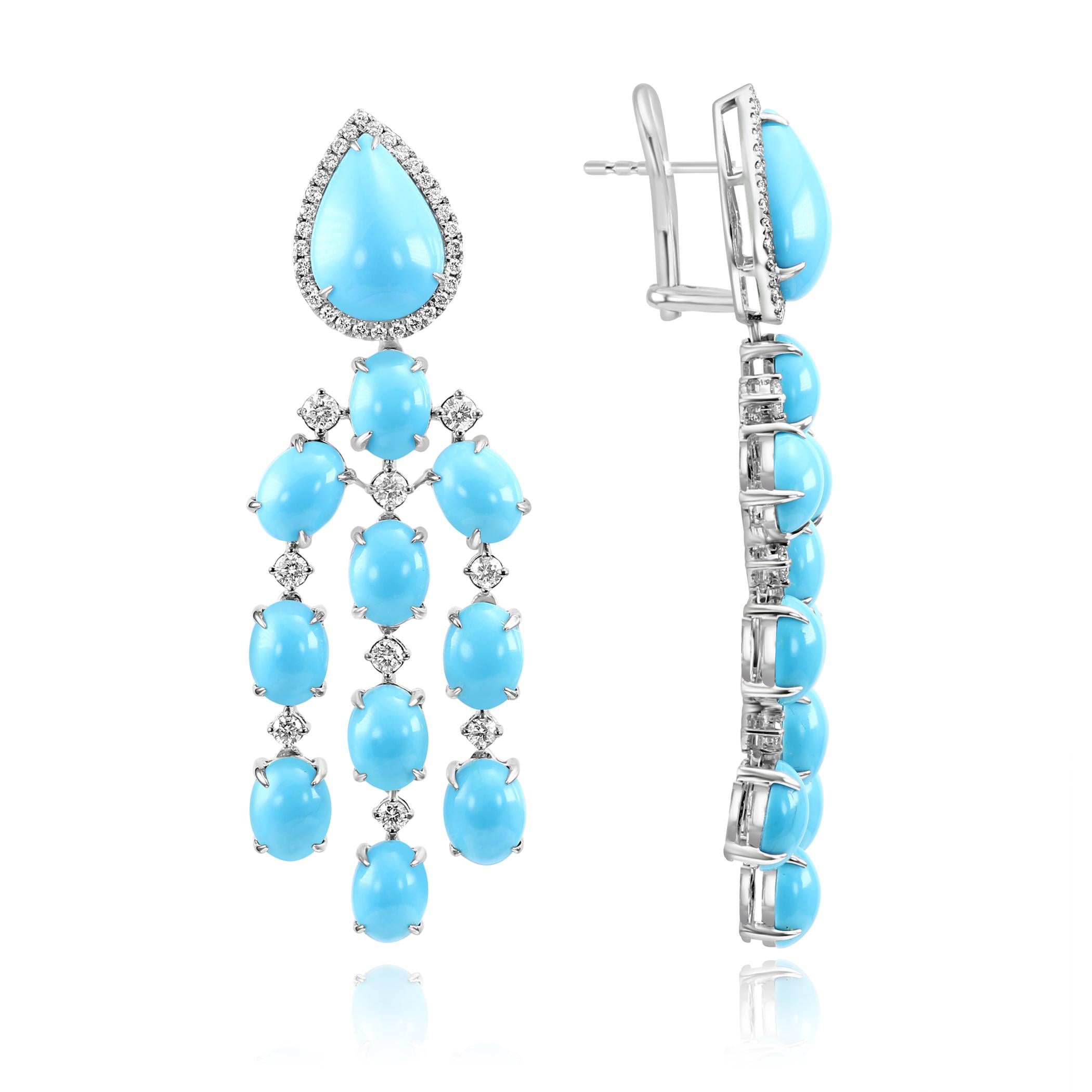 Moderno 28,92 Orecchini Cabochon Pear/Oval Turquoise & Diamond Rounds in oro bianco 14 kt. in vendita