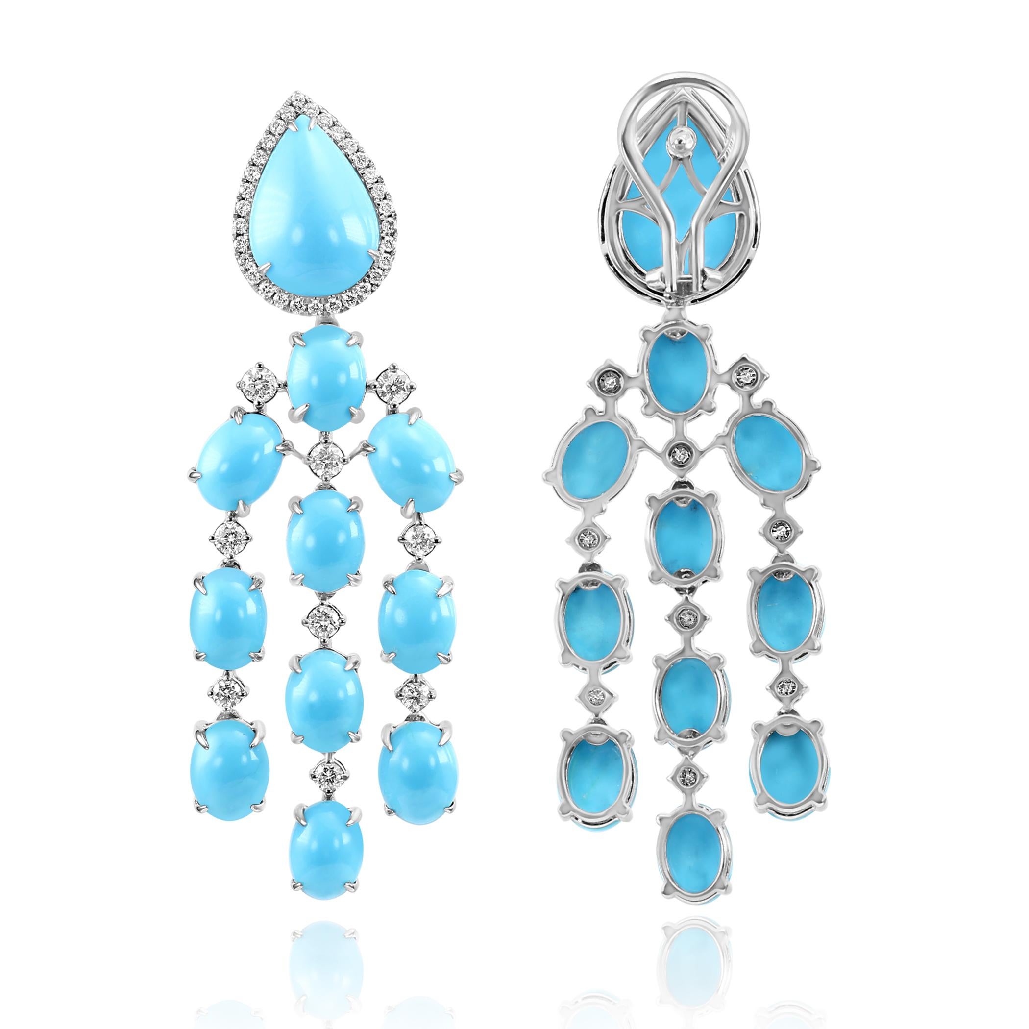Taglio a goccia 28,92 Orecchini Cabochon Pear/Oval Turquoise & Diamond Rounds in oro bianco 14 kt. in vendita