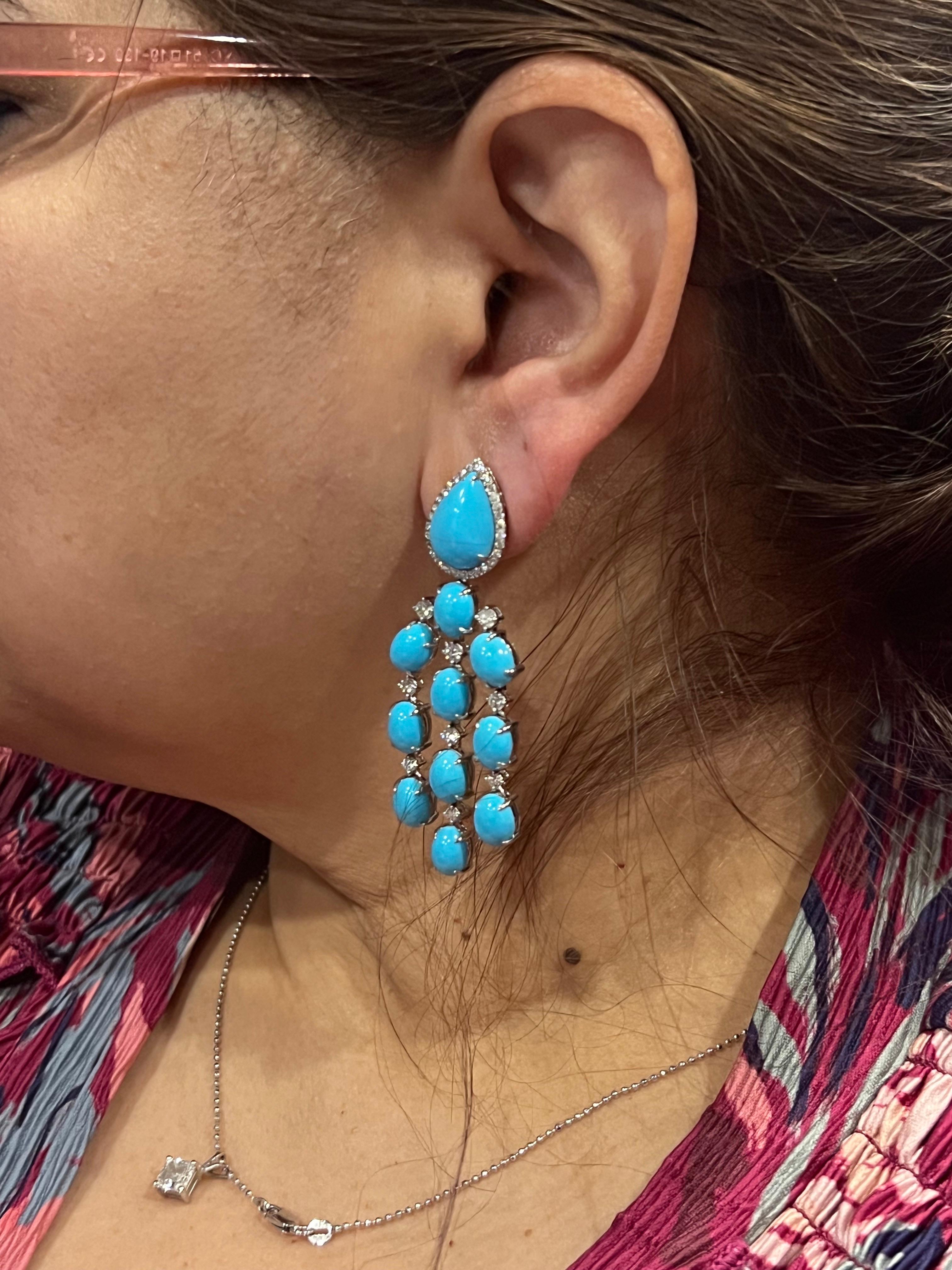 da uomo o donna 28,92 Orecchini Cabochon Pear/Oval Turquoise & Diamond Rounds in oro bianco 14 kt. in vendita