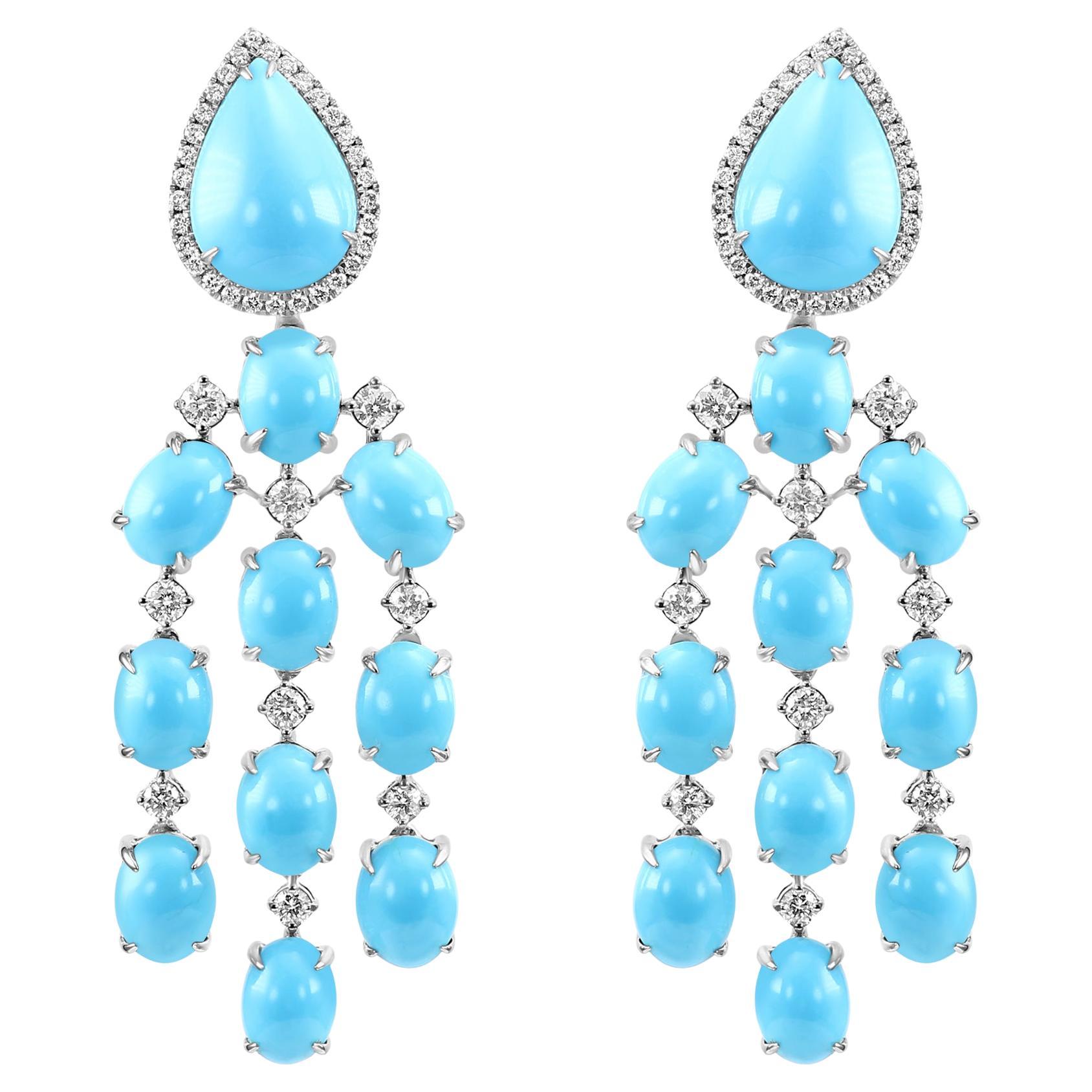 28,92 Orecchini Cabochon Pear/Oval Turquoise & Diamond Rounds in oro bianco 14 kt. in vendita