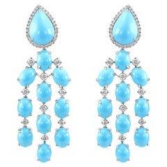28.92 Cabochon Birnen-/Ovale Türkis & Diamant Runde 14 Karat Weißgold Ohrringe