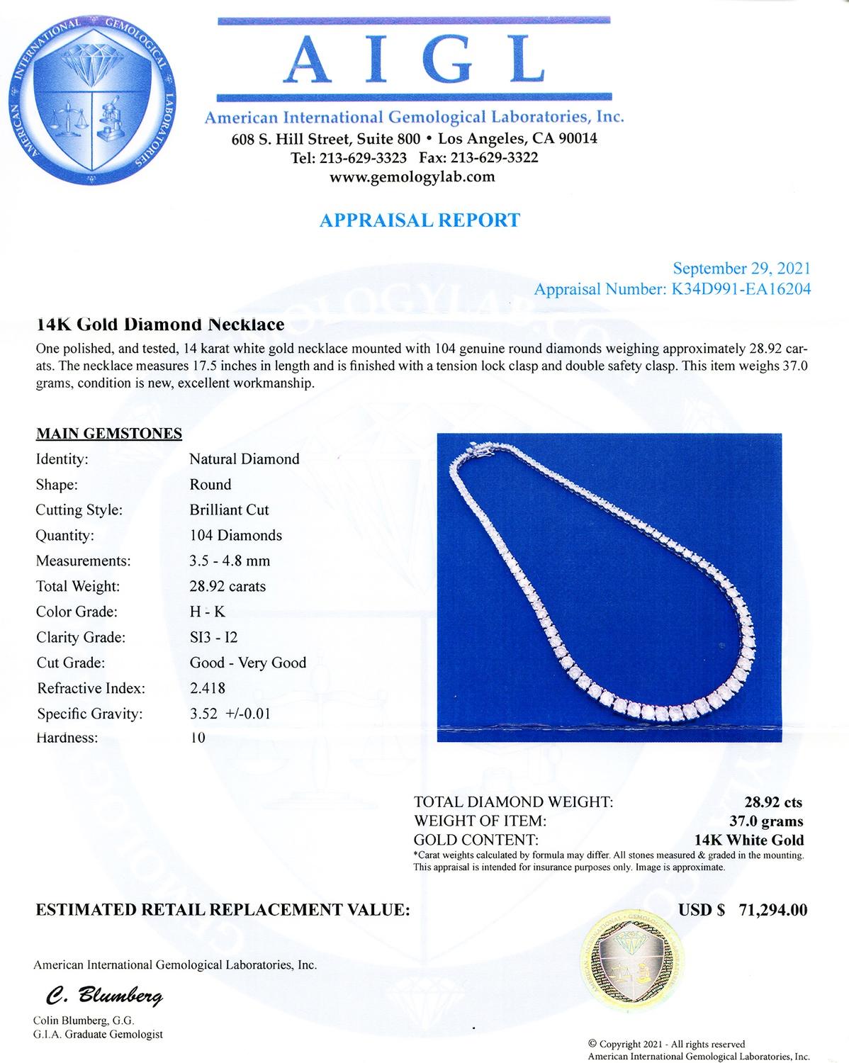 One polished, and tested, 14 karat white gold necklace mounted with 104 genuine round diamonds weighing approximately 28.92 carats. The necklace measures 17.5 inches in length and is finished with a tension lock clasp and double safety clasp. This