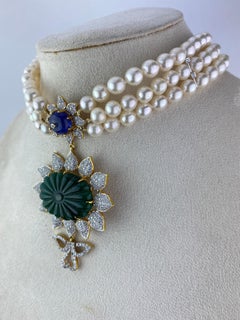 28.95 Carat Carved Emerald, Tanzanite and Pearl Choker