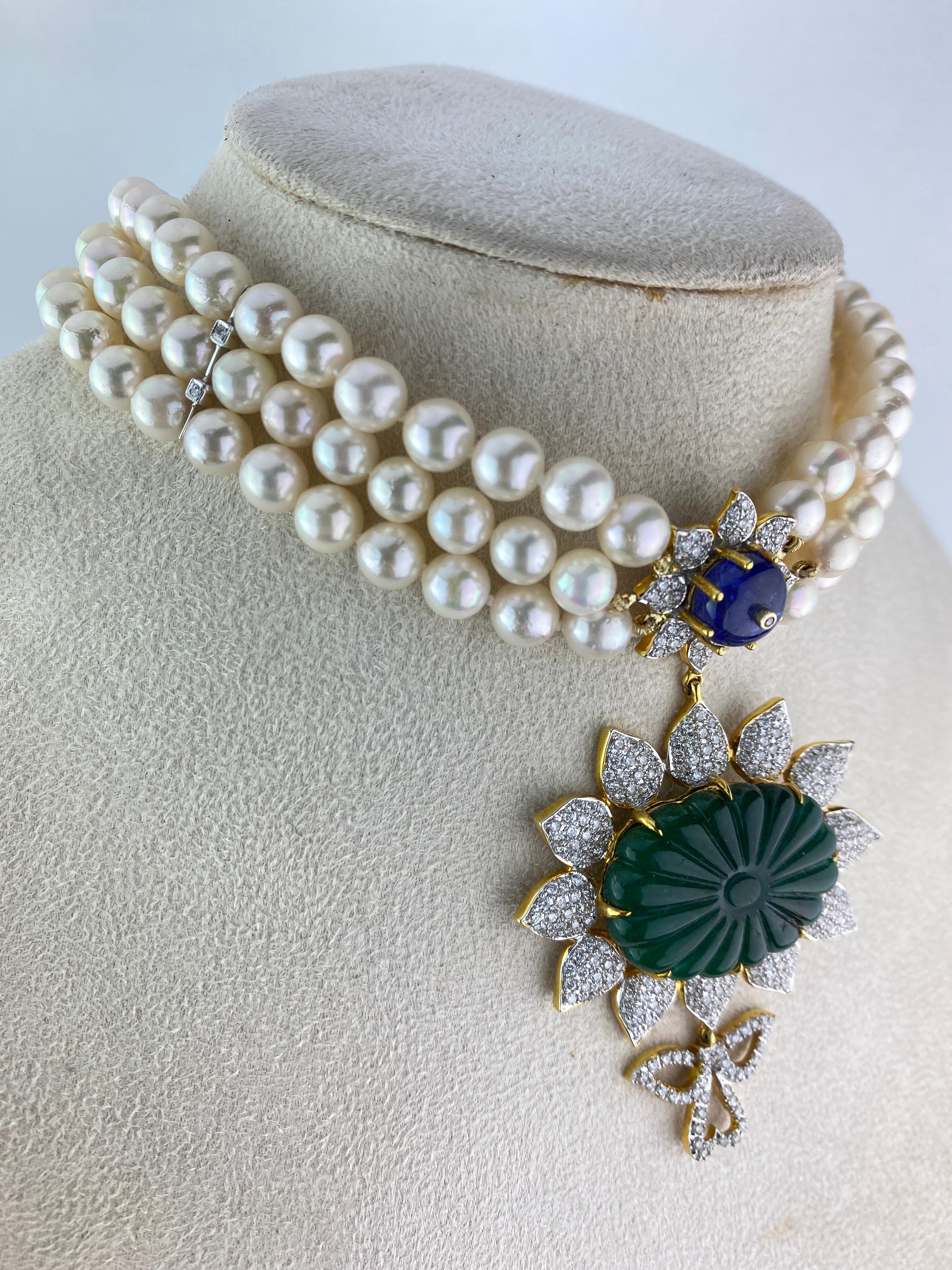Art déco Émeraude, tanzanite et perle sculptées de 28,95 carats en vente