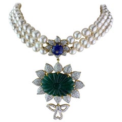 Retro 28.95 Carat Carved Emerald, Tanzanite and Pearl Choker