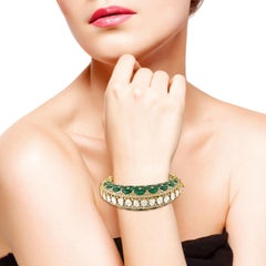 Bracelet jonc Maharaja en or 14 carats avec diamants taille rose de 28,95 carats et émeraudes