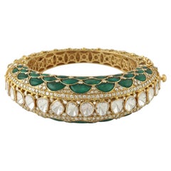 Bracelet jonc Maharaja en or 14 carats avec diamants taille rose de 28,95 carats et émeraudes