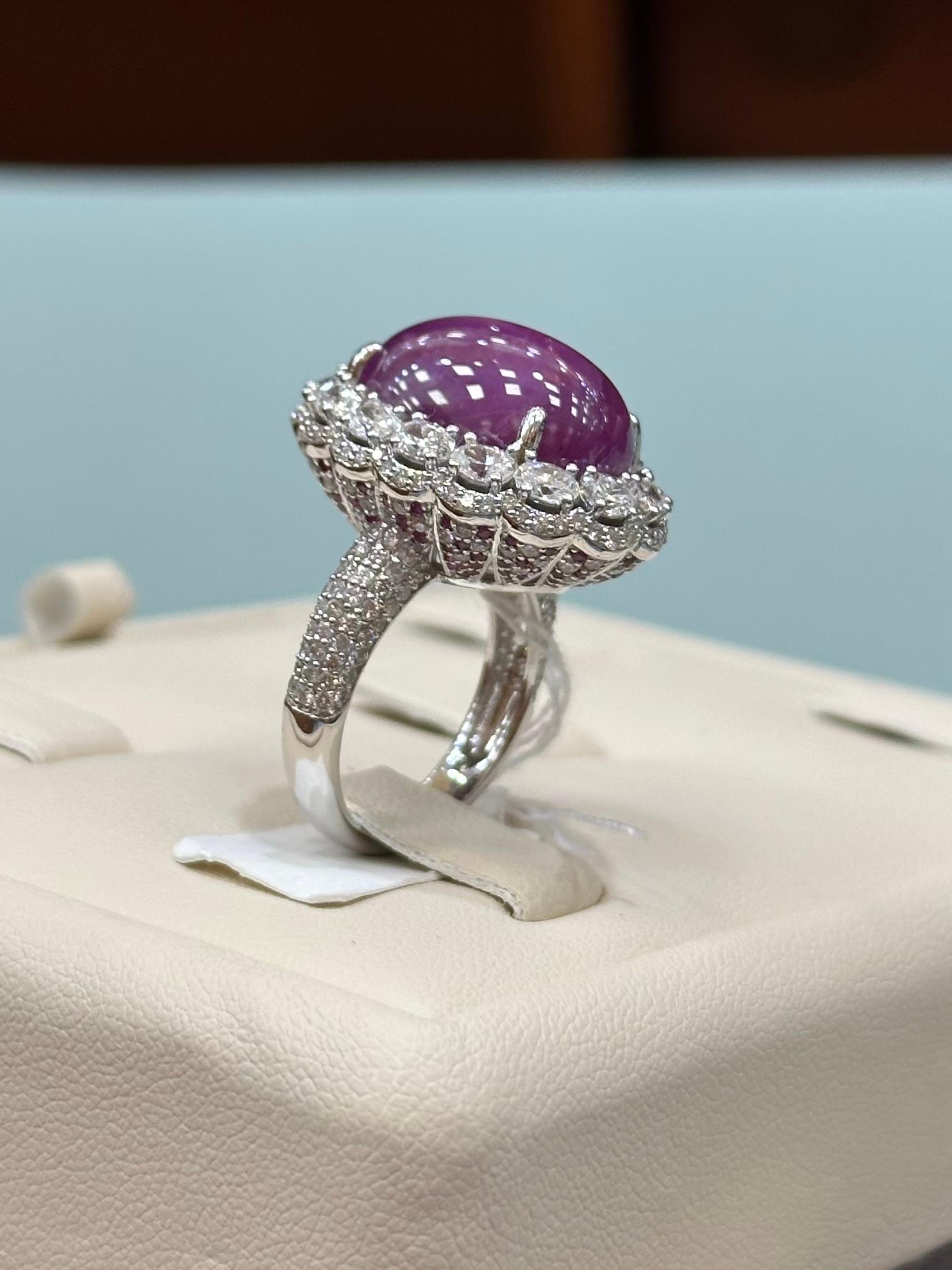 28,95 Karat Cabochon Burma Star Rubin Pink Saphire und Diamant Ring für Damen oder Herren im Angebot