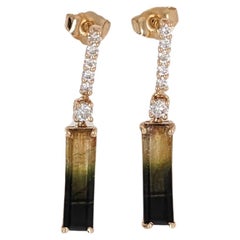 2.89ct Bi-Color Tourmaline Dangles w Diamond Accents 14k Gold Emerald Cut 14x4mm