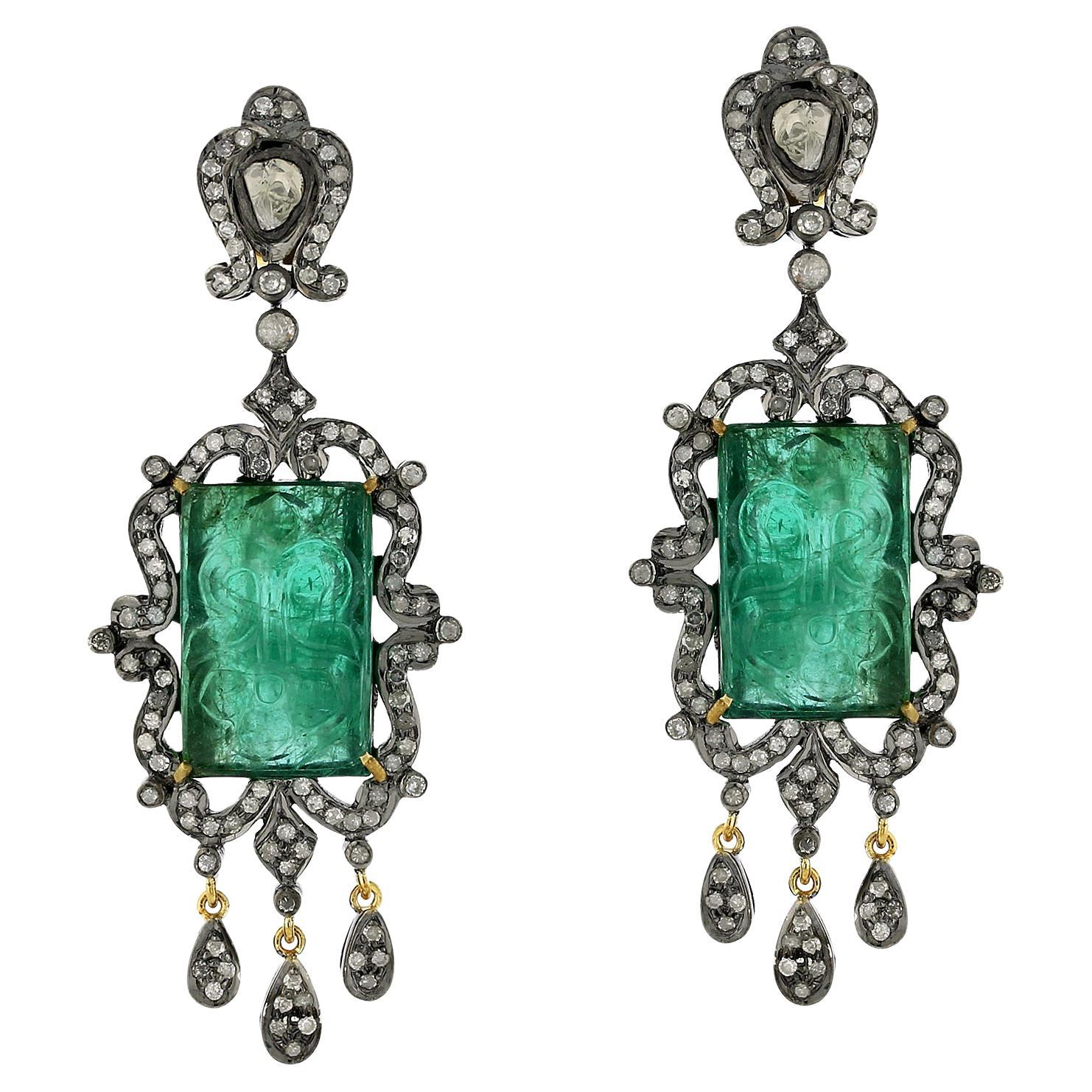 28.9ct Carved Emerald Dangle Earrings With Diamonds In 18k White Gold & Silver
