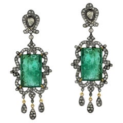 28.9ct Carved Emerald Dangle Earrings With Diamonds In 18k White Gold & Silver