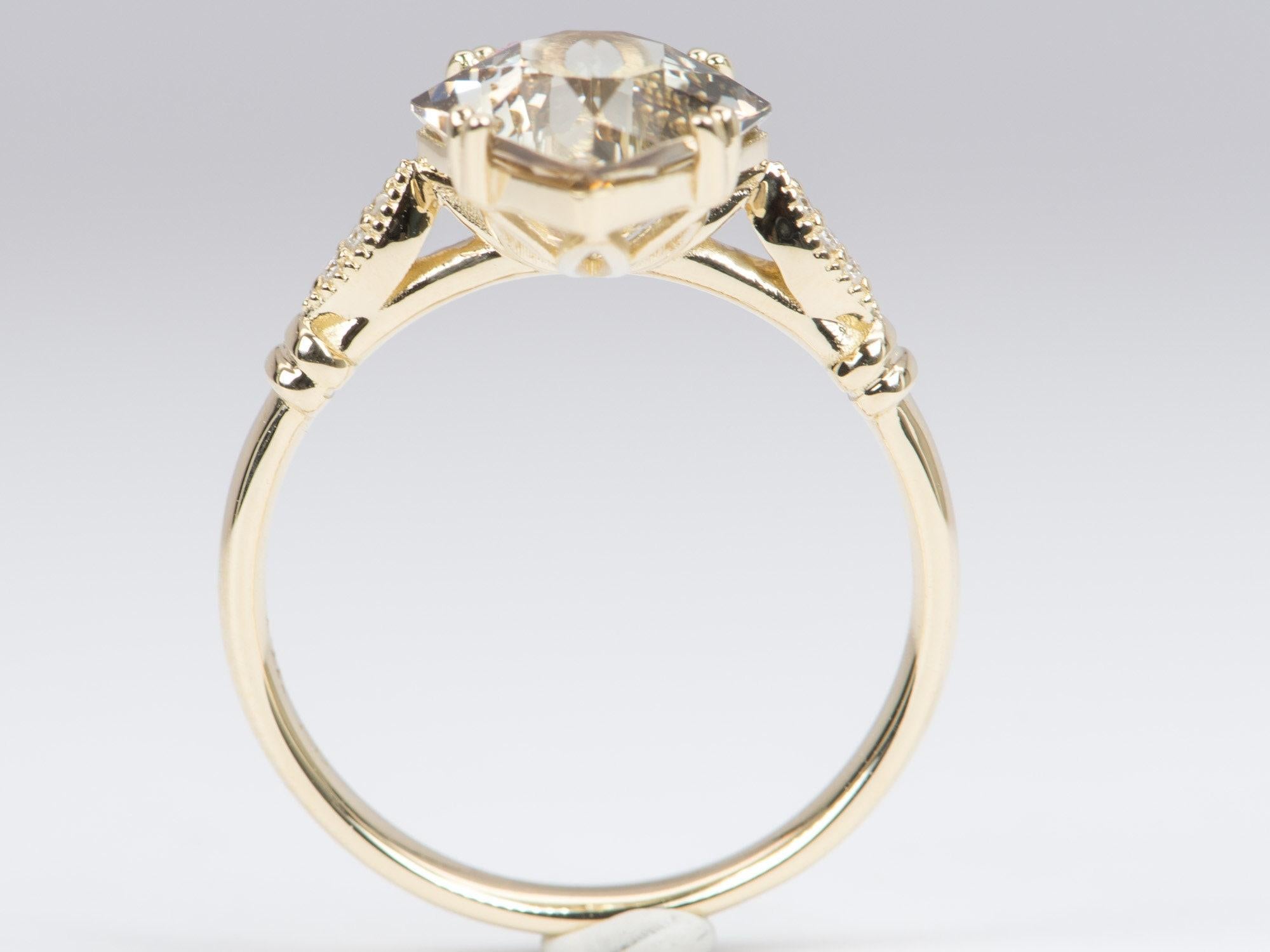 Kite Cut 2.89ct Champagne Green Oregon Sunstone Diamond Sides 14K Gold Engagement Ring