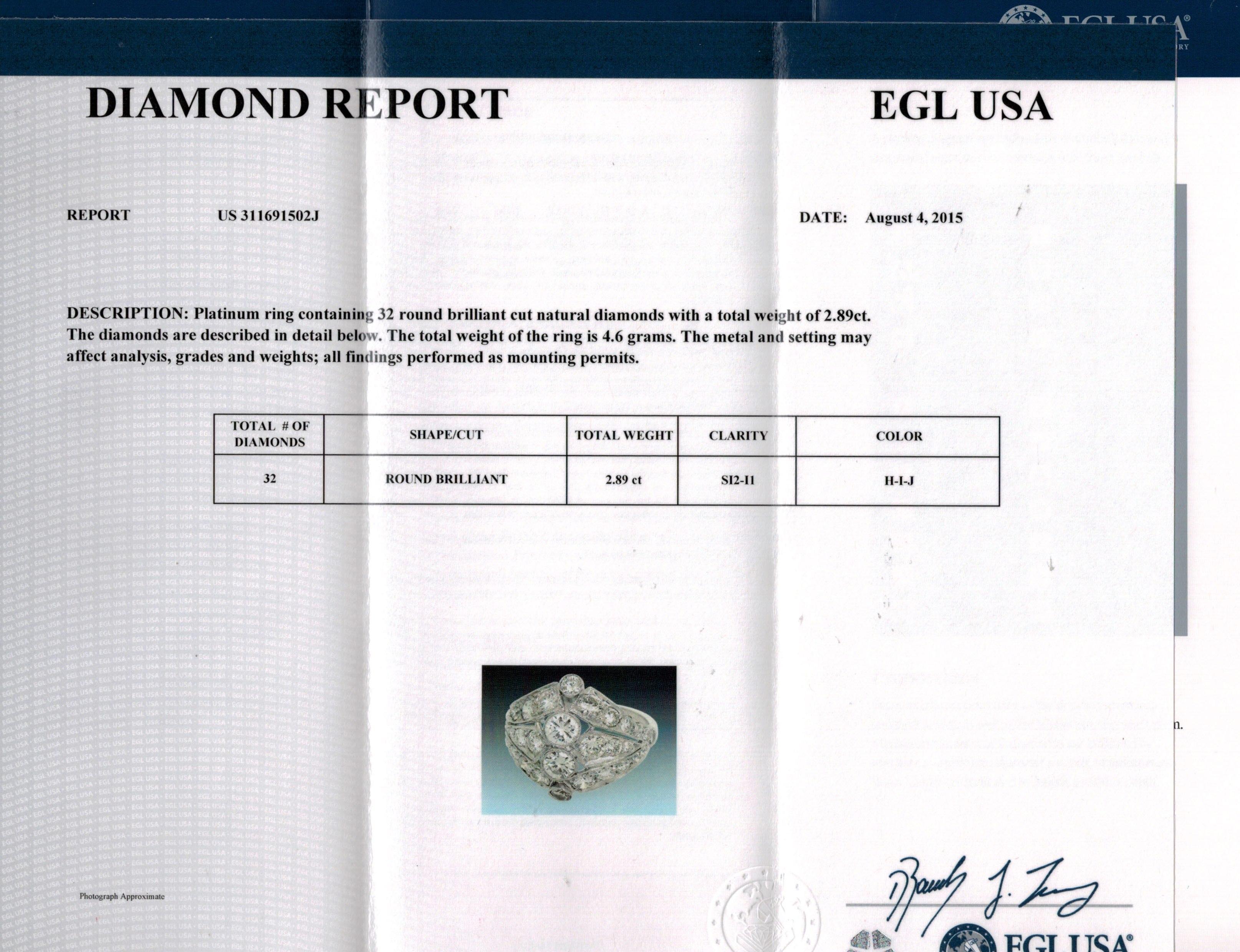 2.89 Carat Round Diamond Anniversary Wedding Platinum Ring EGL, USA 9