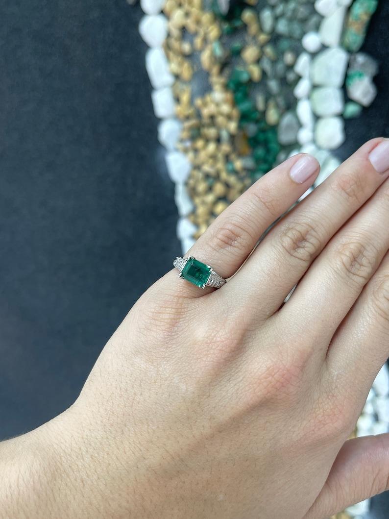 Contemporary 2.89tcw 14K White Gold Emerald Cut Emerald & Diamond Engagement Ring For Sale
