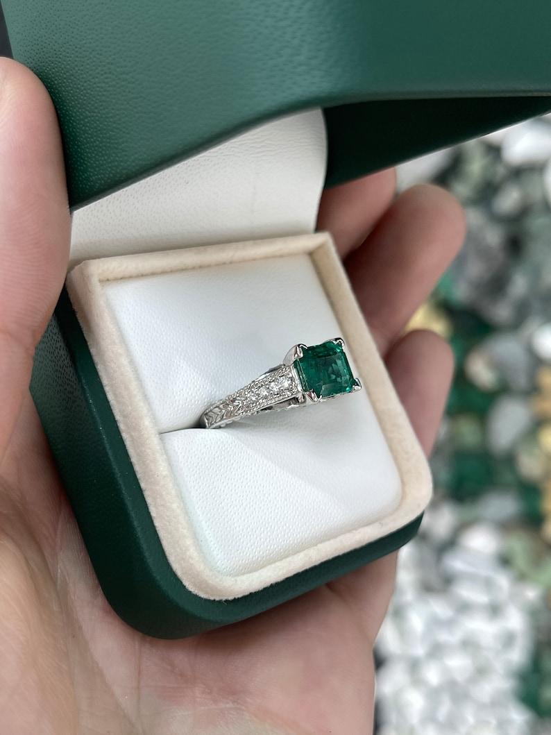 2.89tcw 14K White Gold Emerald Cut Emerald & Diamond Engagement Ring For Sale 2