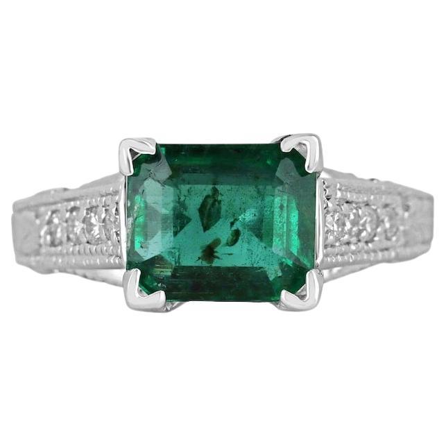 2.89tcw 14K White Gold Emerald Cut Emerald & Diamond Engagement Ring