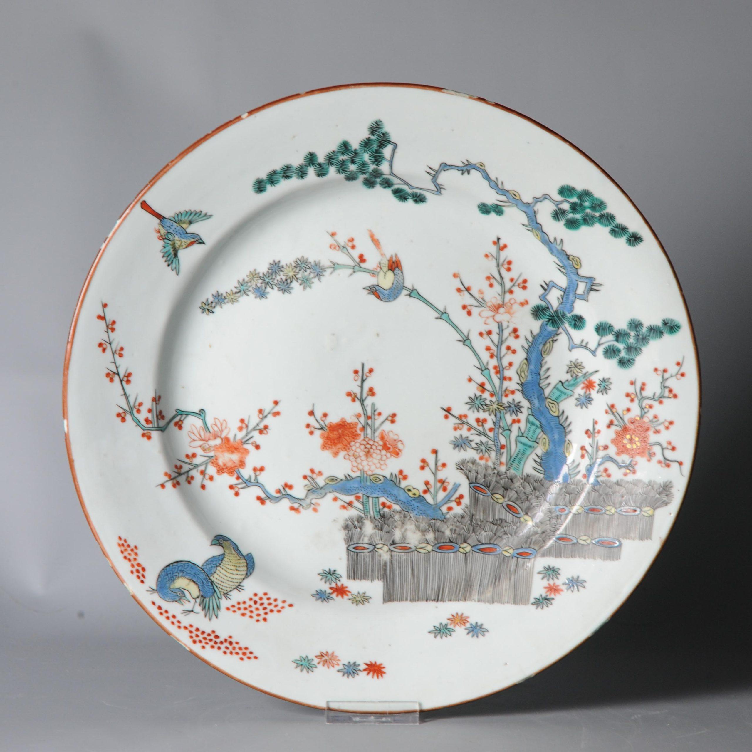 A Japanese Kakiemon-style bird, quail and Three friends of winter dish. Painted by by a Dutch painter to decorate a Chinese porcelain blank.

The scene and quality of paintting is amazing.

Three Friends of Winter
These are pine, Prunus mume