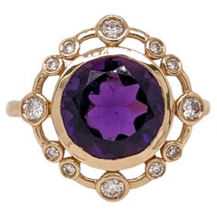 2.8ct Amethyst Ring w Earth Mined Diamonds in Solid 14K Yellow Gold Round 9mm