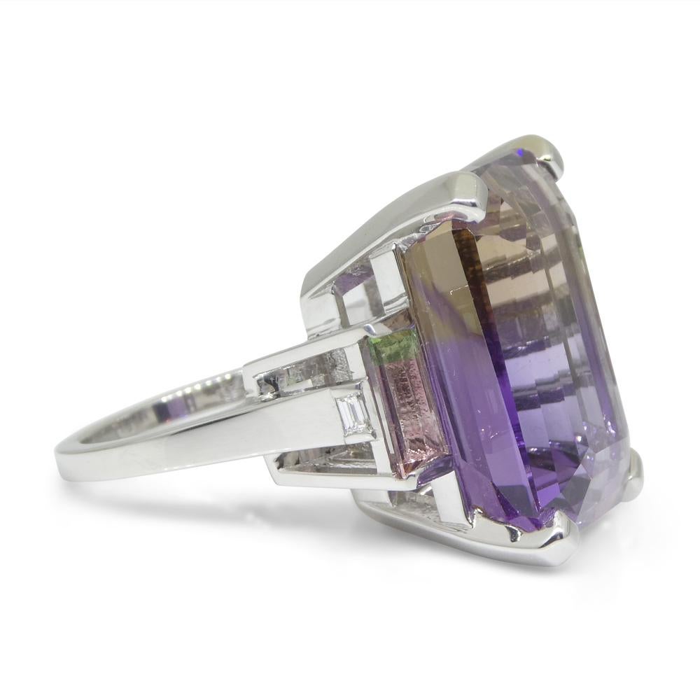 Contemporary 28ct Ametrine, Tourmaline and Diamond Cocktail Ring Set in 14k White Gold For Sale