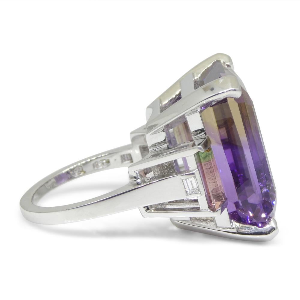 Emerald Cut 28ct Ametrine, Tourmaline and Diamond Cocktail Ring Set in 14k White Gold For Sale