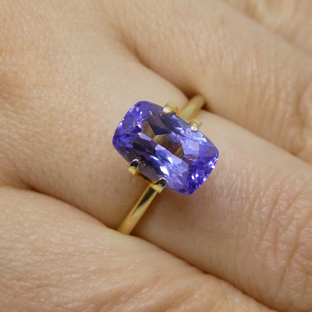 Description:

Gem Type: Tanzanite
Number of Stones: 1
Weight: 2.8 cts
Measurements: 10.36 x 6.90 x 5.06 mm
Shape: Cushion
Cutting Style Crown: Modified Brilliant Cut
Cutting Style Pavilion: Brilliant Cut
Transparency: Transparent
Clarity: Very Very