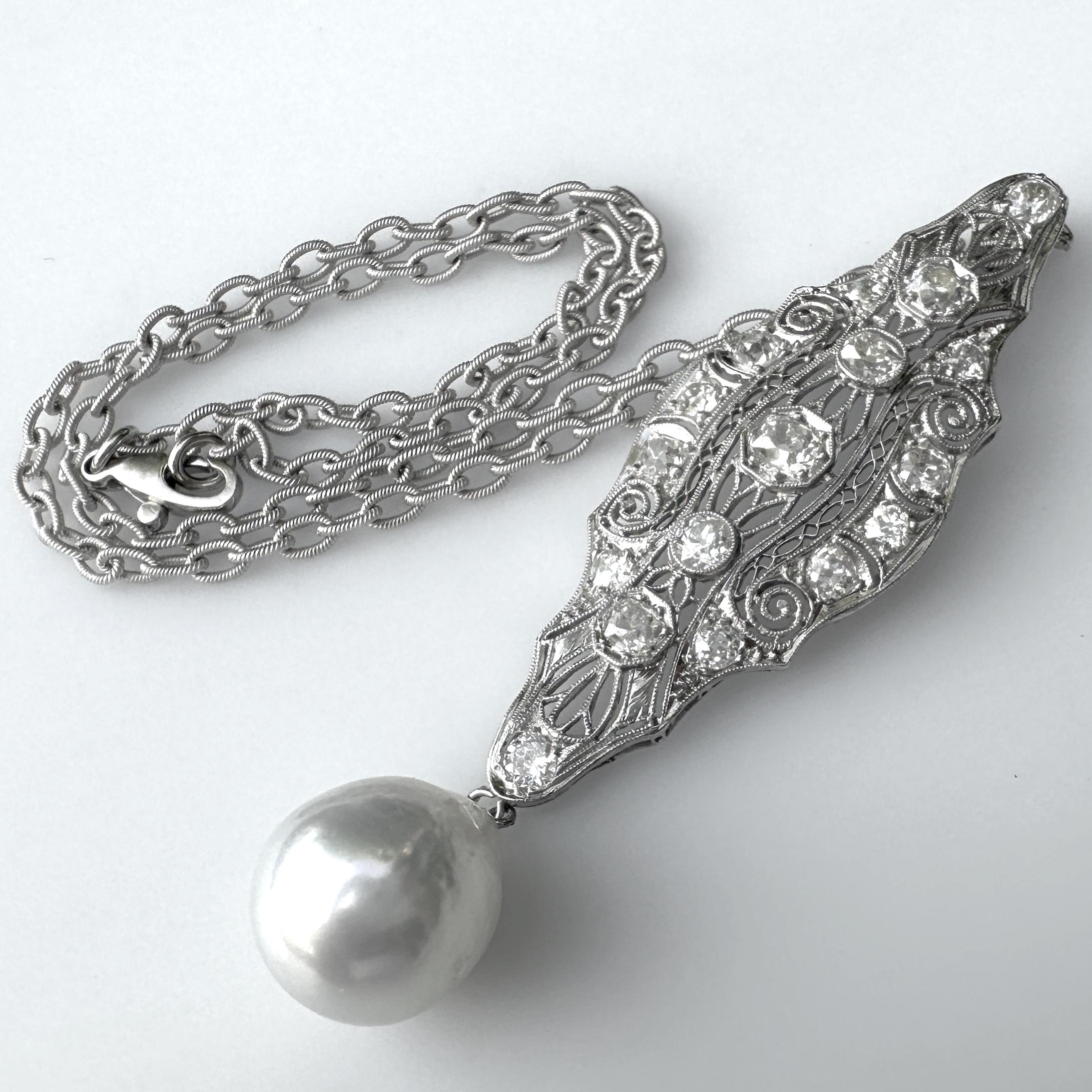 Contemporary 2.8ct Diamond Pendant in Platinum w South Sea Pearl Drop & 18K White Gold Chain For Sale