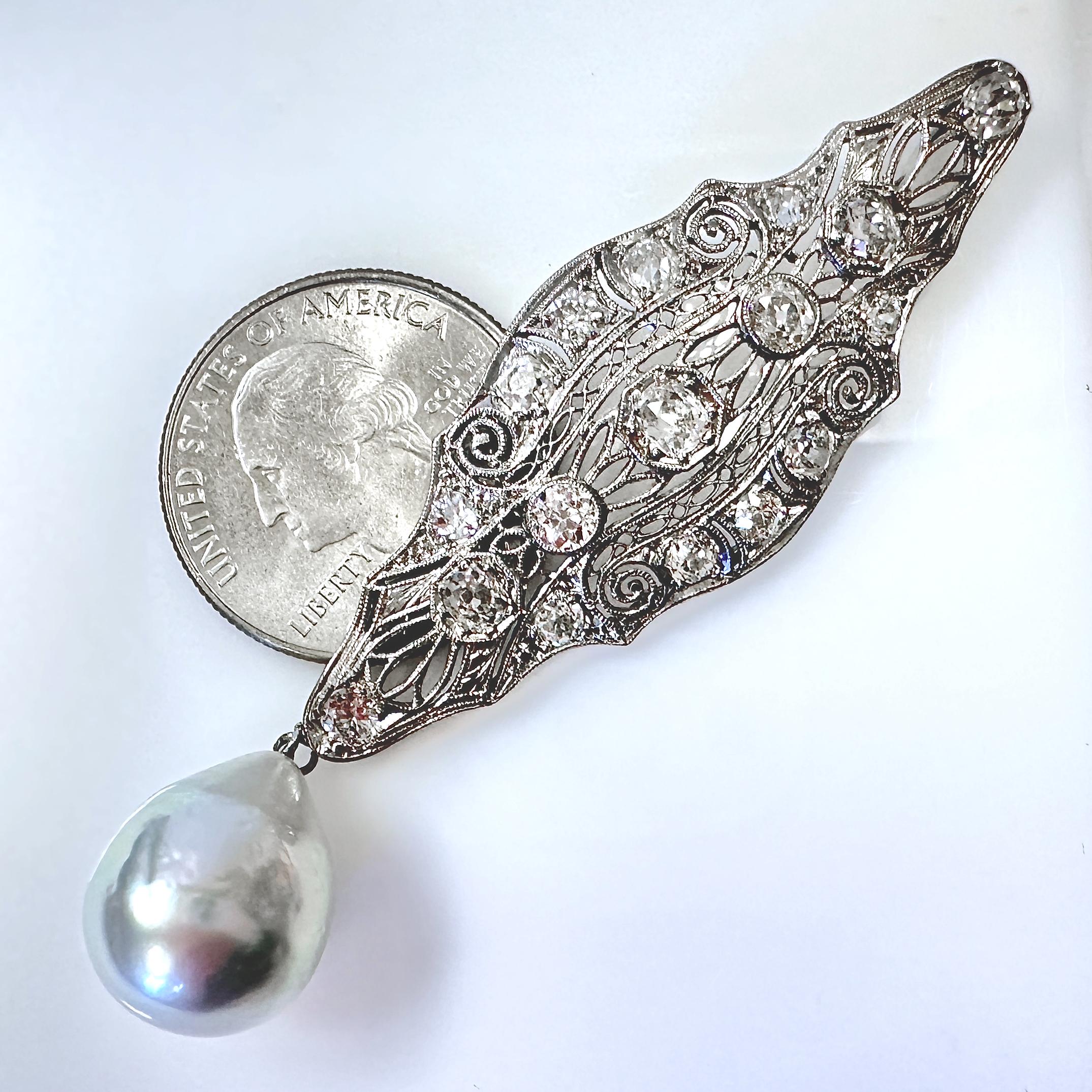 2.8ct Diamond Pendant in Platinum w South Sea Pearl Drop & 18K White Gold Chain For Sale 1