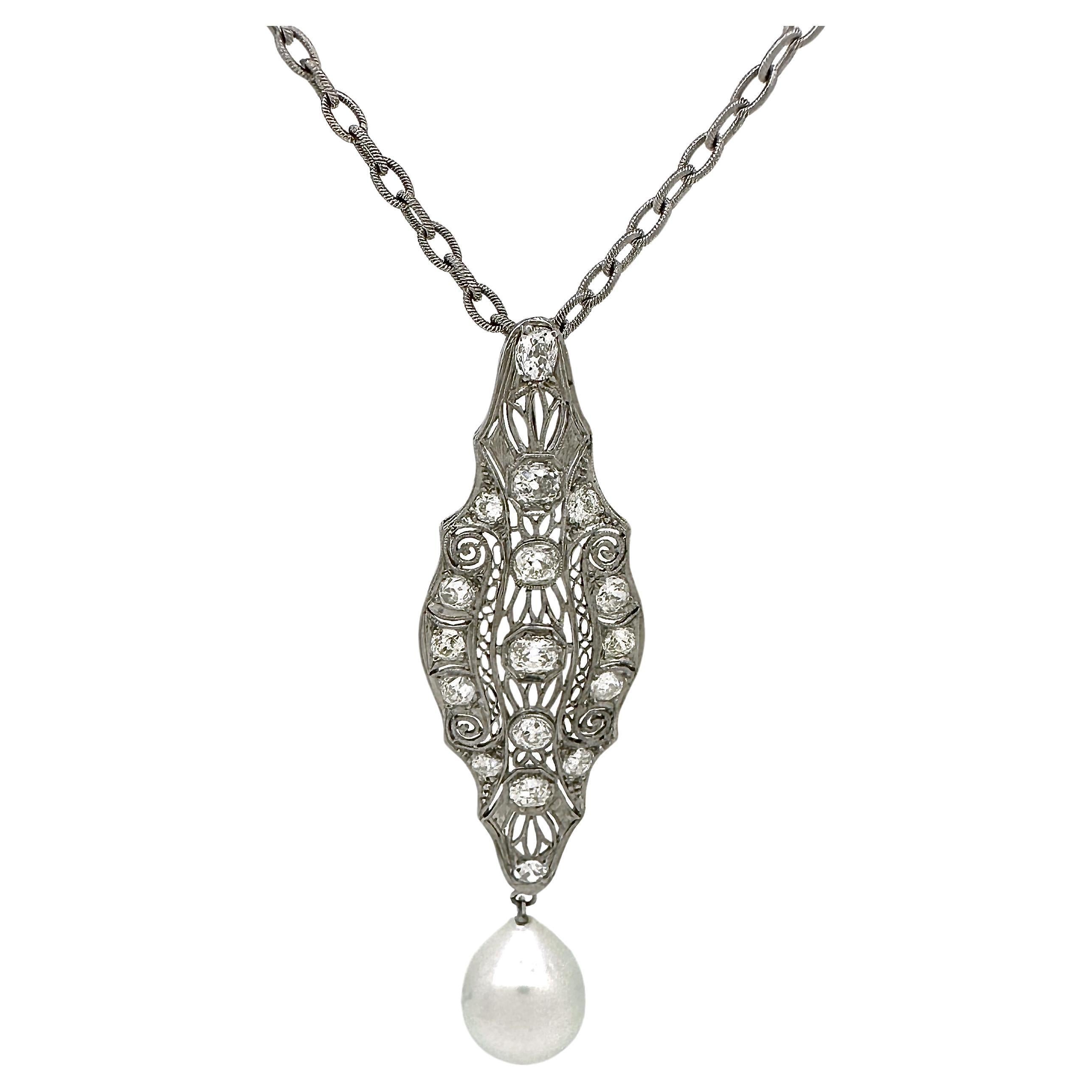 2.8ct Diamond Pendant in Platinum w South Sea Pearl Drop & 18K White Gold Chain For Sale
