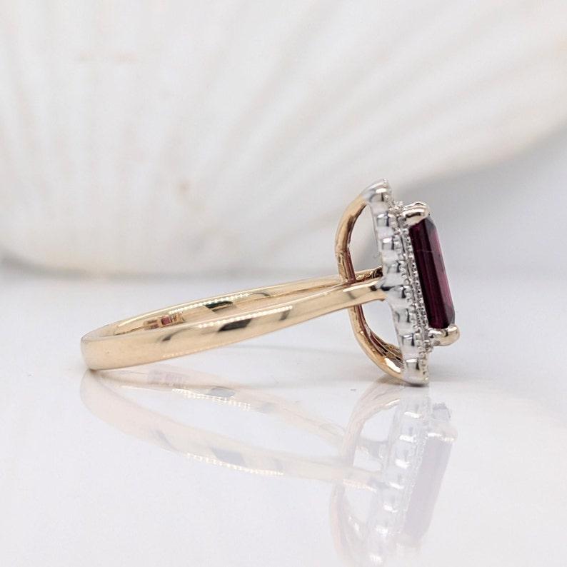 Art Deco 2.8ct Garnet Ring w Diamond Double Halo in Solid 14k Yellow Gold Emerald 9x7mm For Sale
