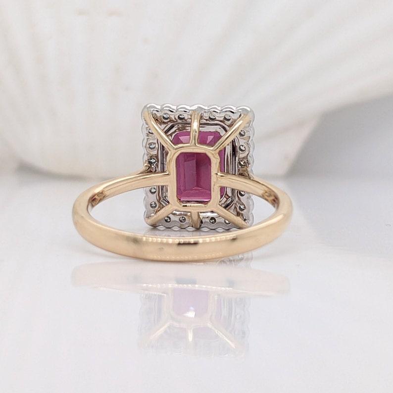 Emerald Cut 2.8ct Garnet Ring w Diamond Double Halo in Solid 14k Yellow Gold Emerald 9x7mm For Sale